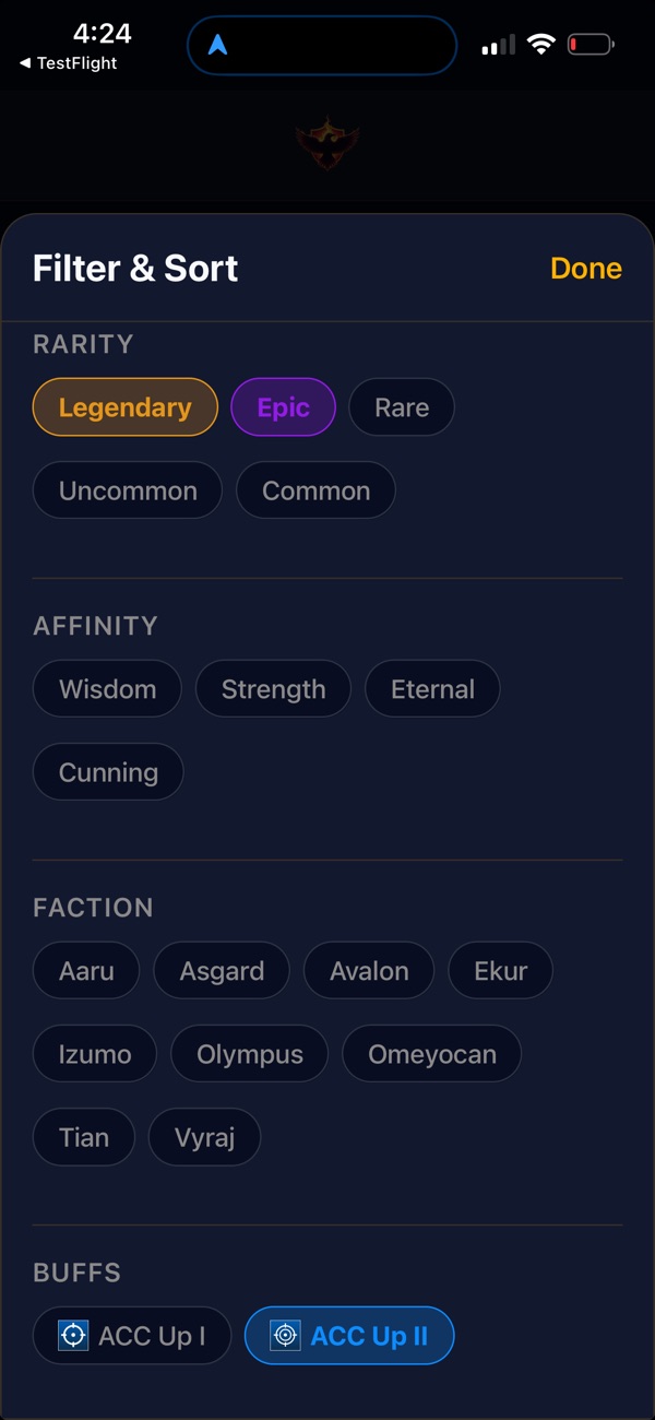 Hero filters by realm, rarity and affinity