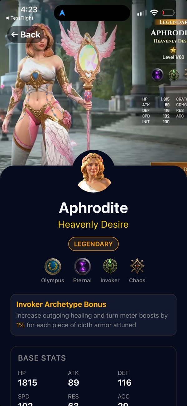 Hero page with stats and affinities