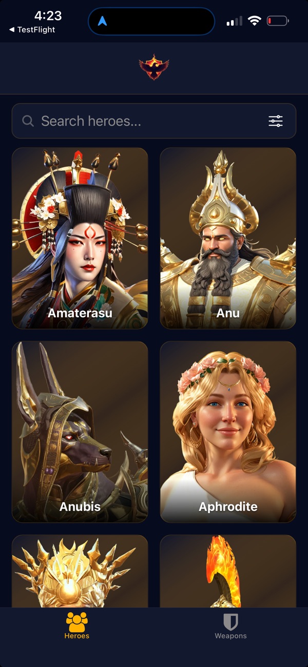 Hero list in the RavenPyros Godforge app